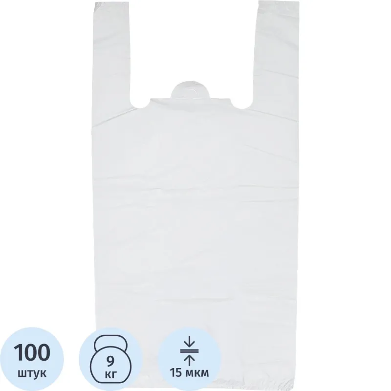 Пакет-майка ПНД 15 мкм белый (38+20x68 см, 100 штук в упаковке)