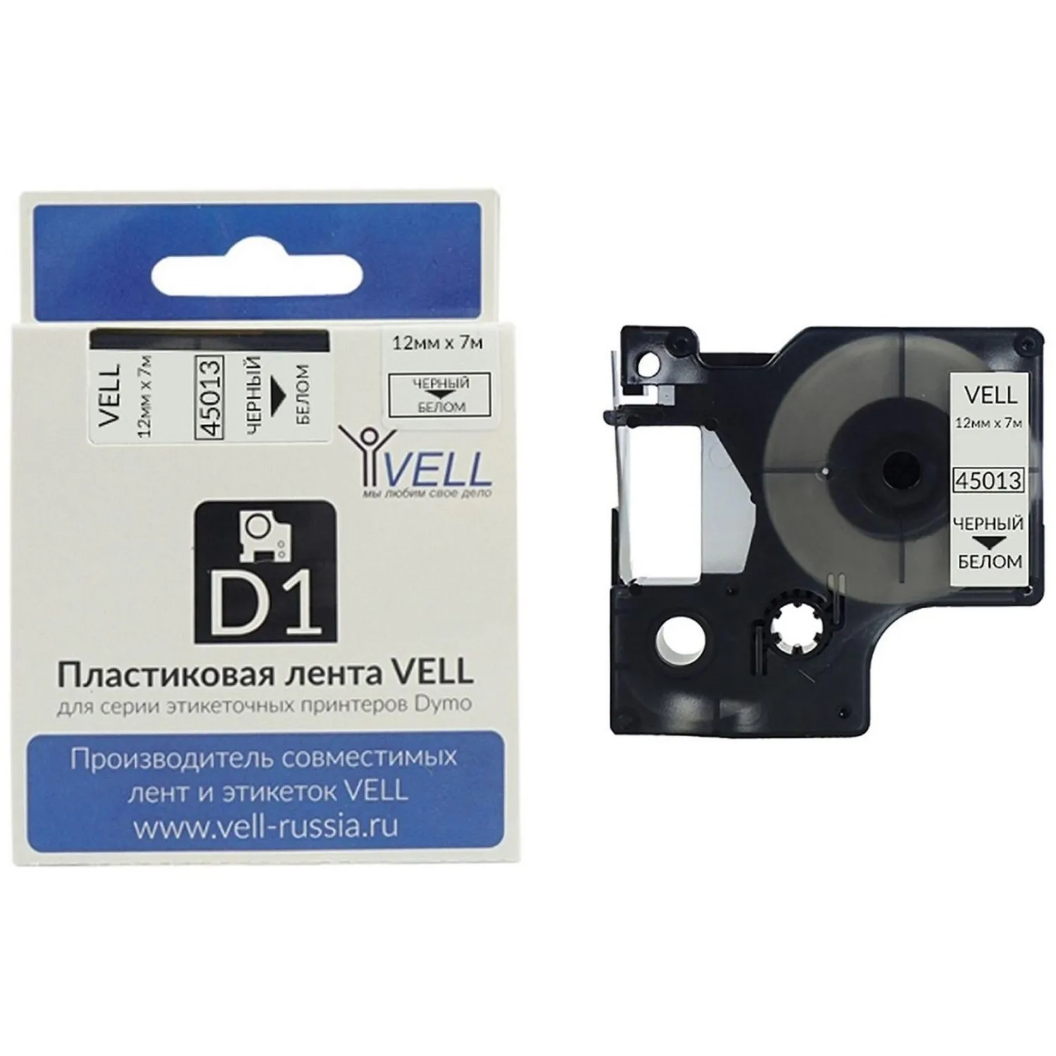 Картридж Vell VL-D-S0720530/45013 для принтера этикеток Dymo (12 мм x 7 м, цвет ленты белый, шрифт чёрный) - Image 2