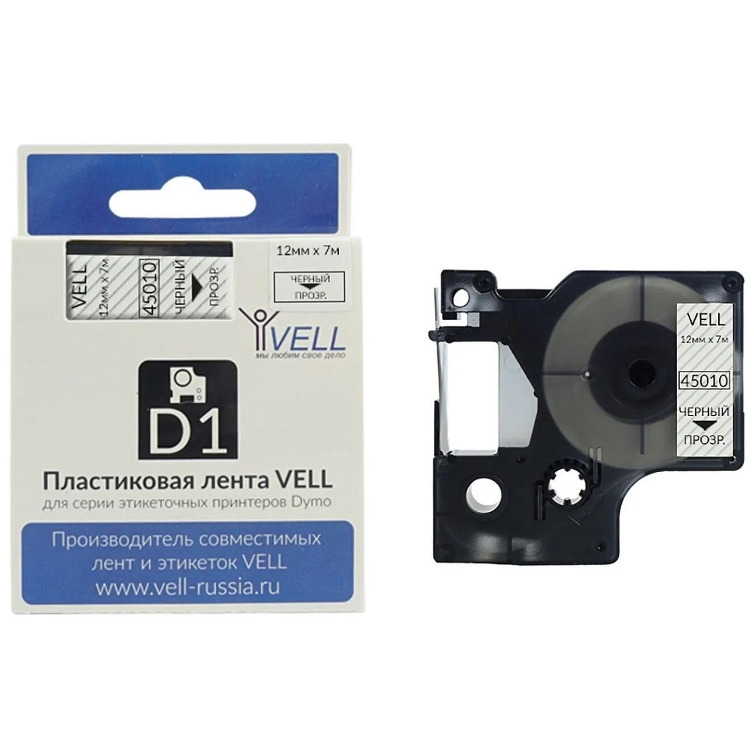 Картридж Vell VL-D-S0720500/45010 для принтера этикеток Dymo (12 мм x 7 м, цвет ленты прозрачный, шрифт чёрный)