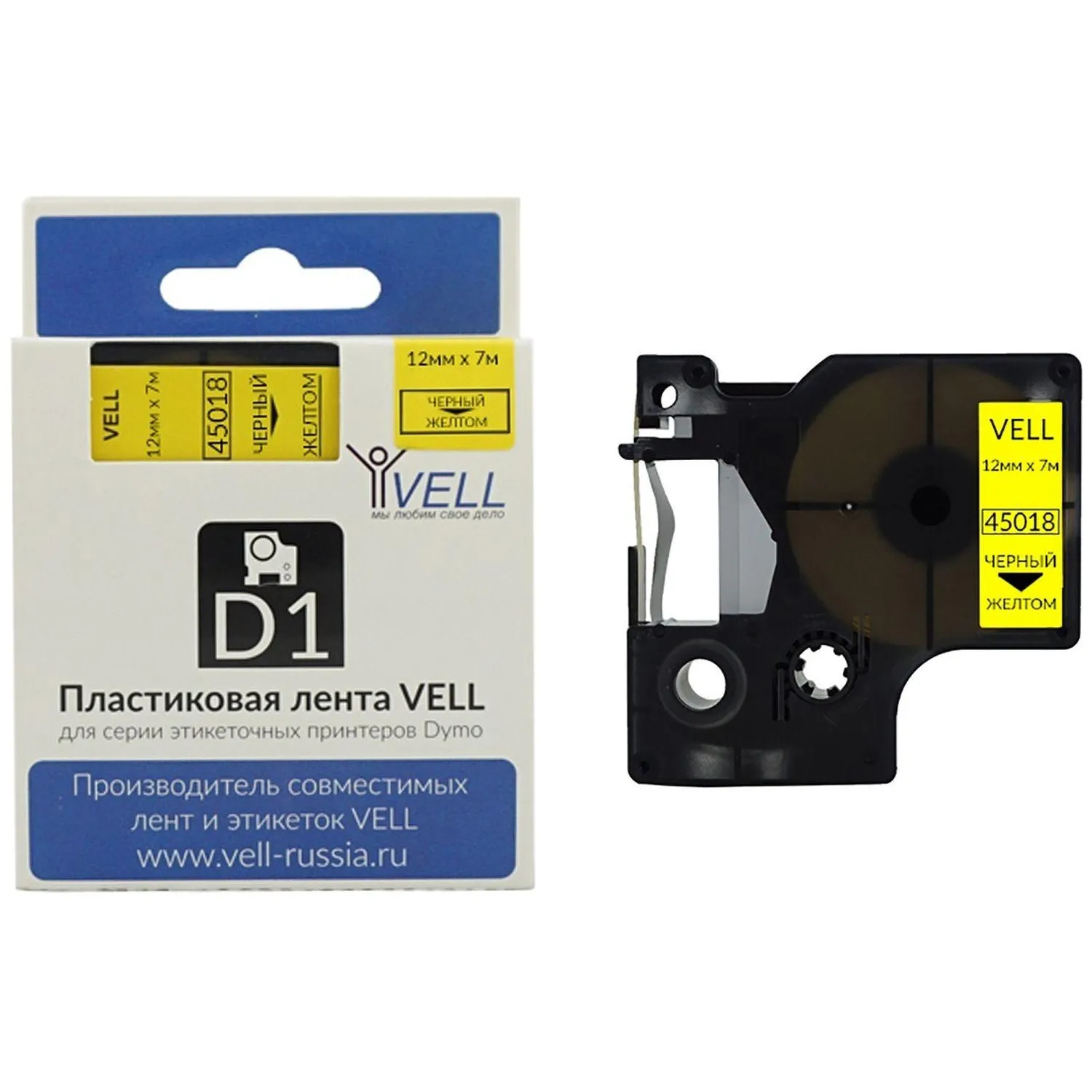 Картридж Vell VL-D-S0720580/45018 для принтера этикеток Dymo (12 мм x 7 м, цвет ленты жёлтый, шрифт чёрный)