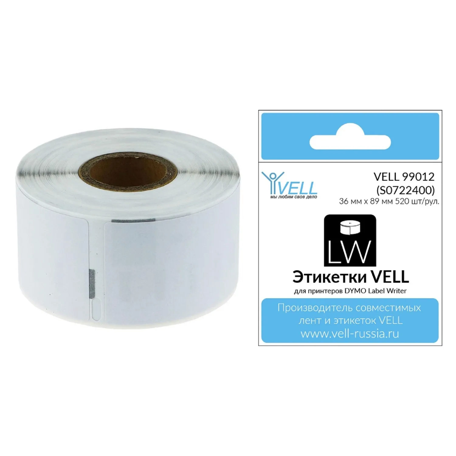 Лента Vell VL-D-99012/S0722400 для принтера этикеток Dymo (36 мм x 89 мм, цвет ленты белый, шрифт чёрный)
