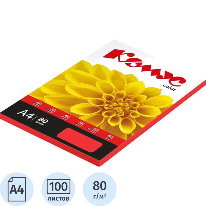 Цветная бумага Комус Color красный А4 80 г/м² (100 л.), офисная для печати, факсов и копиров