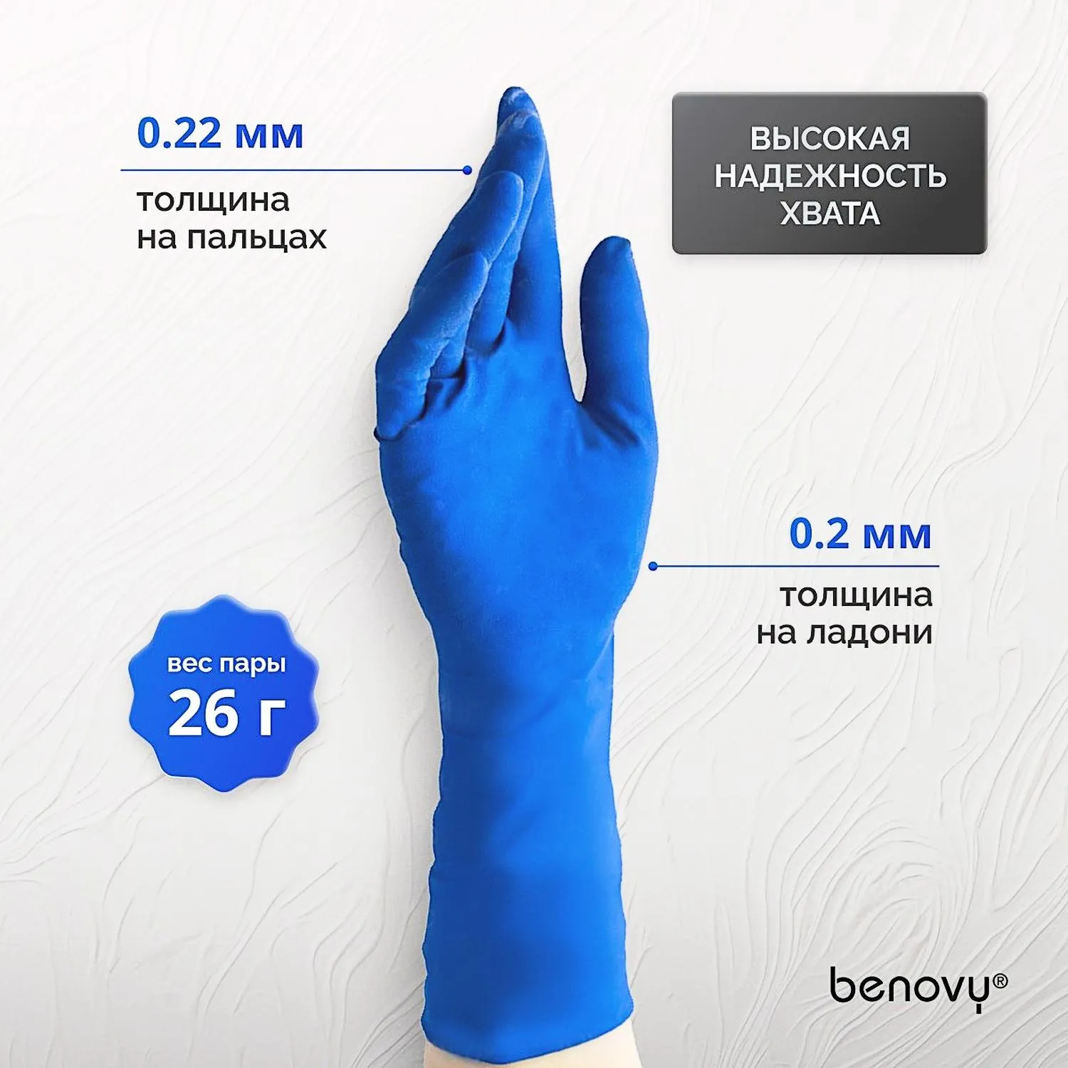 Перчатки медицинские смотровые Benovy High Risk латексные неопудренные особопрочные синие (размер M, 50 штук/25 пар в упаковке) - Image 7