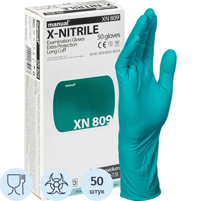 Перчатки медицинские смотровые Manual XN 809 нитриловые неопудренные удлиненные зеленые (размер M, 50 штук/25 пар в упаковке) - Image 2