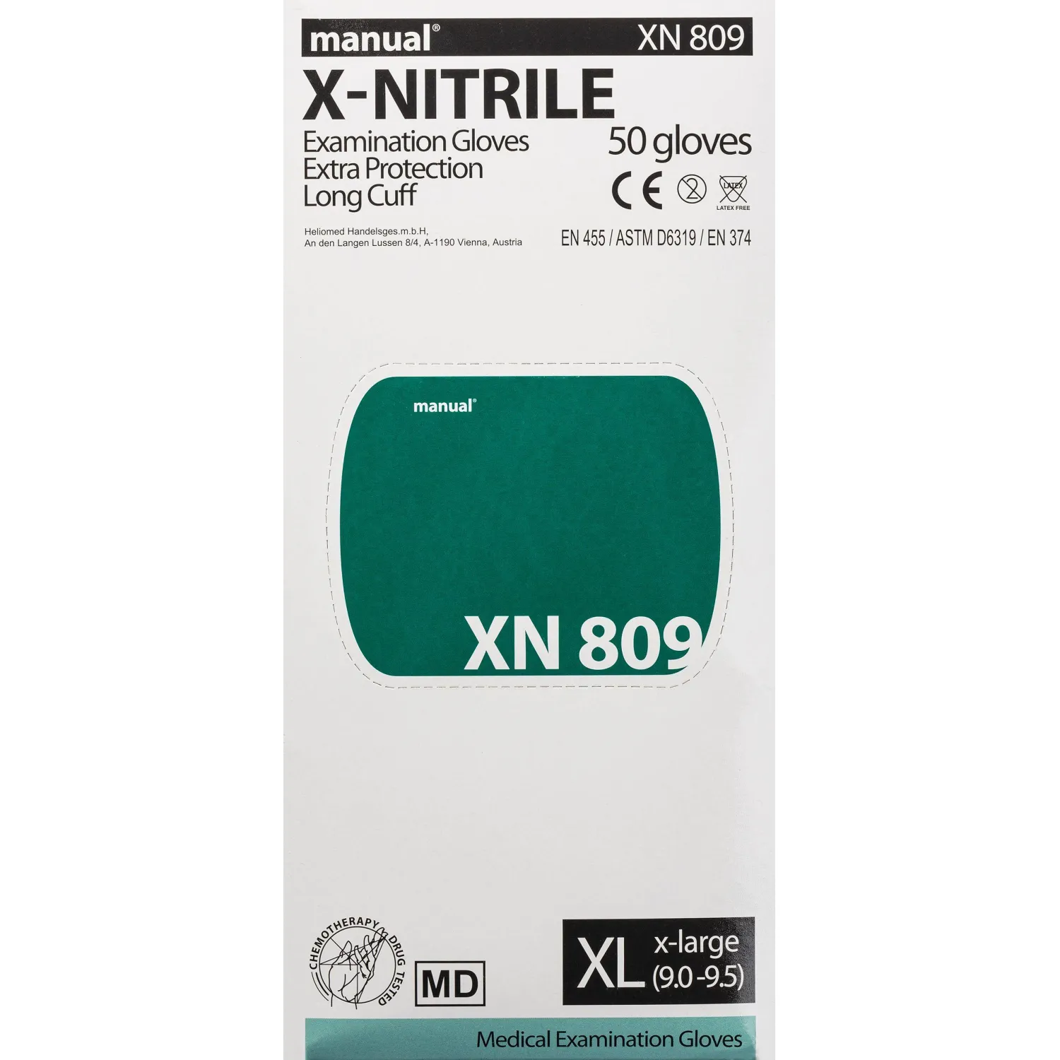 Перчатки медицинские смотровые Manual XN 809 нитриловые неопудренные удлиненные зеленые (размер XL, 50 штук/25 пар в упаковке) - Image 7