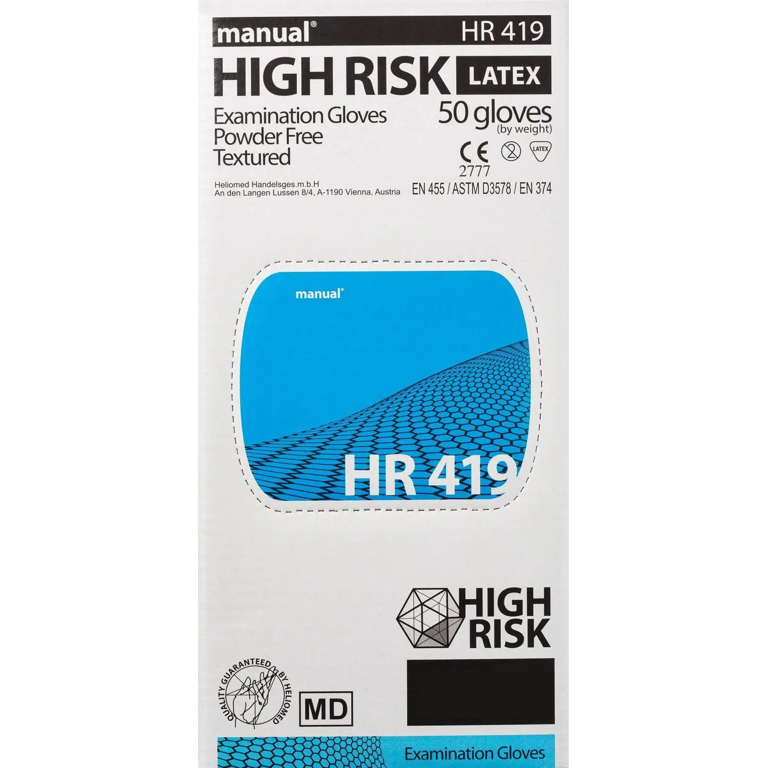 Перчатки медицинские смотровые Manual HR419 High Risk латексные неопудренные удлиненные синие (размер S, 50 штук/25 пар в упаковке) - Image 7