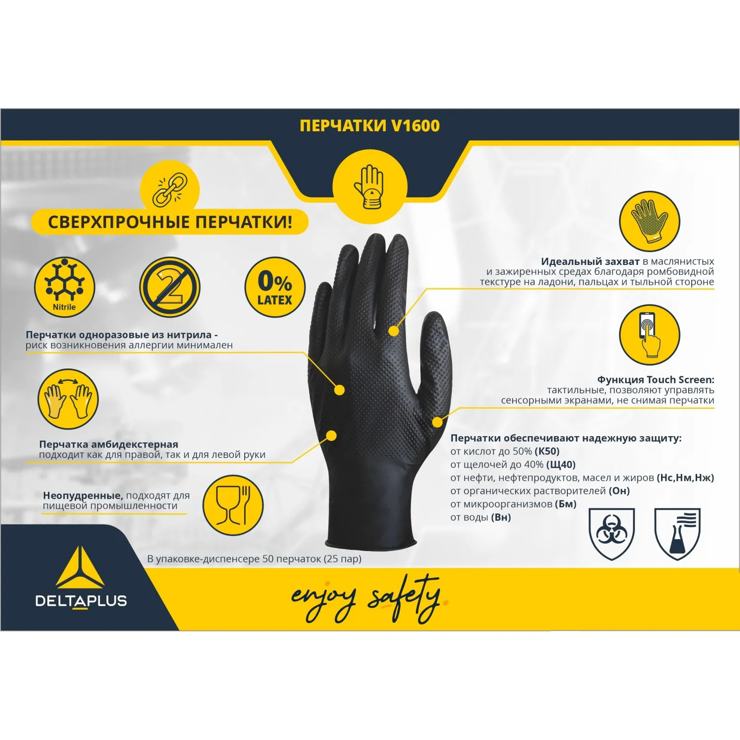 Перчатки КЩС одноразовые Delta Plus V1600 нитриловые чёрные (размер L (8-9), 25 пар/50 штук в упаковке, V1600B5008) - Image 5