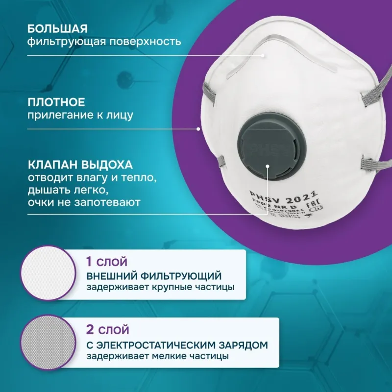 Респиратор PHSV 2021 противоаэрозольный с клапаном FFP2 (10 штук в упаковке) - Image 2