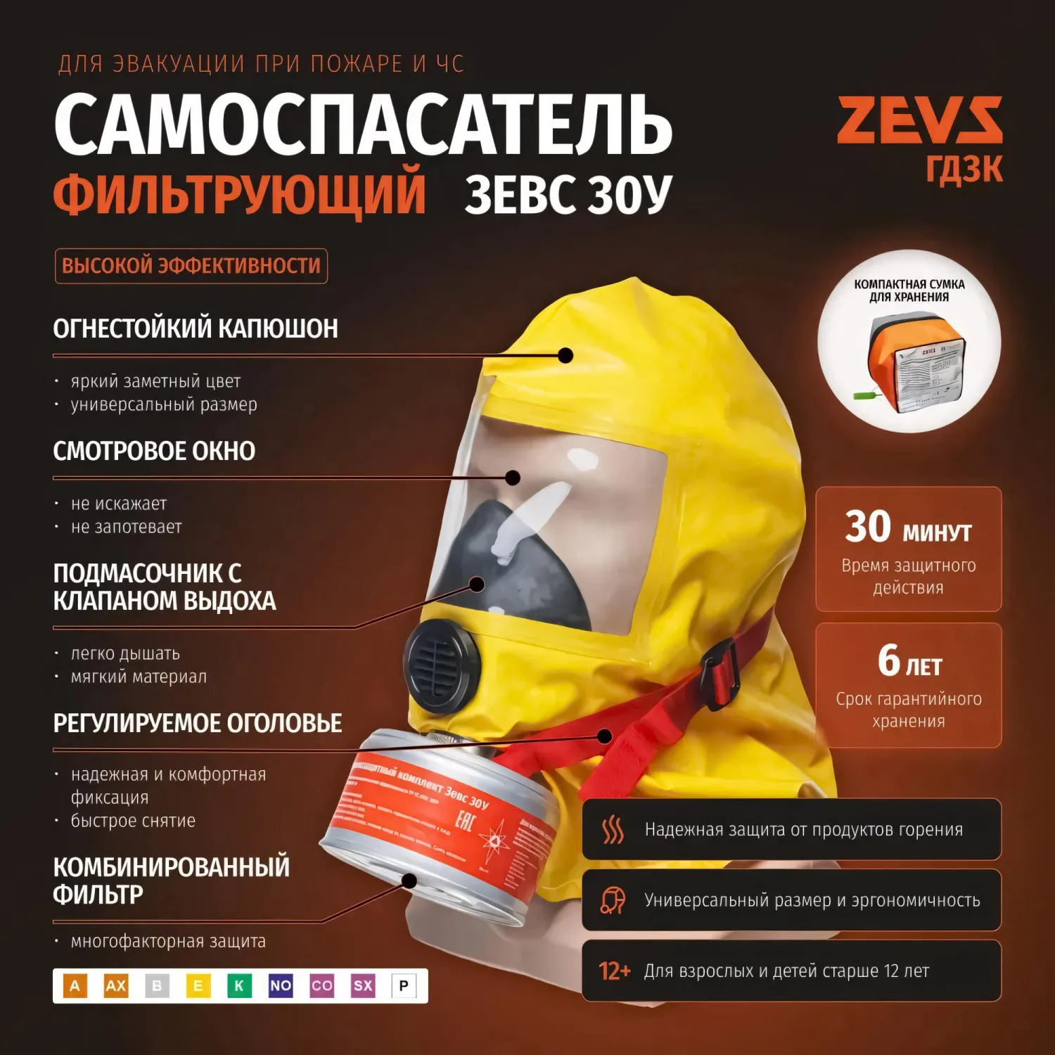 Самоспасатель фильтрующий Зевс 30У высокой эффективности малогабаритный (30 минут) - Image 5