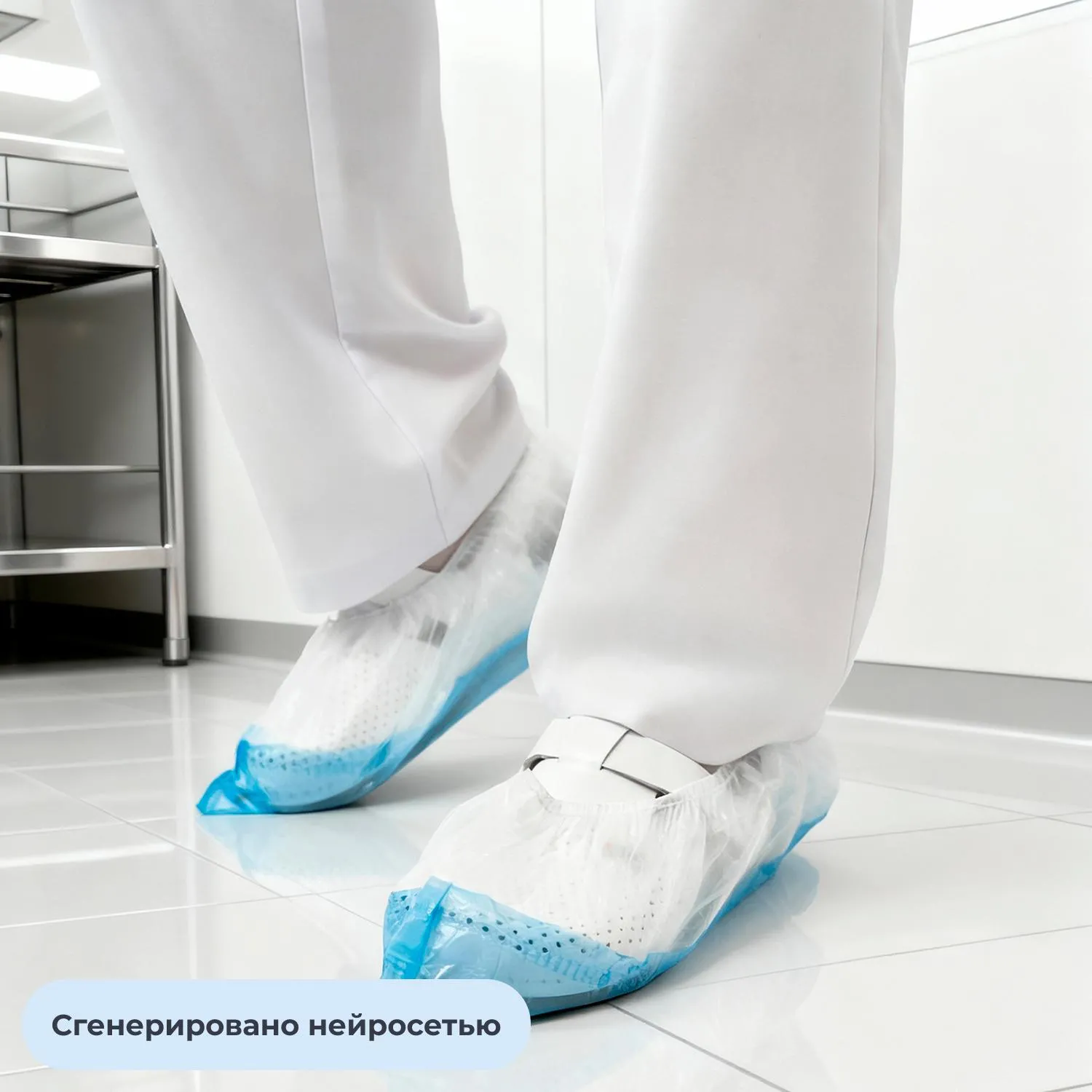 Бахилы одноразовые полиэтиленовые 14 мкм с двойной подошвой белые/синие (1000 шт./500 пар в упаковке) - Image 2