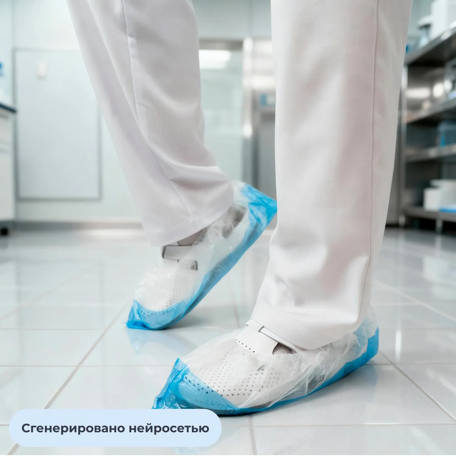 Бахилы одноразовые полиэтиленовые 50 мкм с двойной подошвой белые/синие (300 шт./150 пар в упаковке) - Image 2