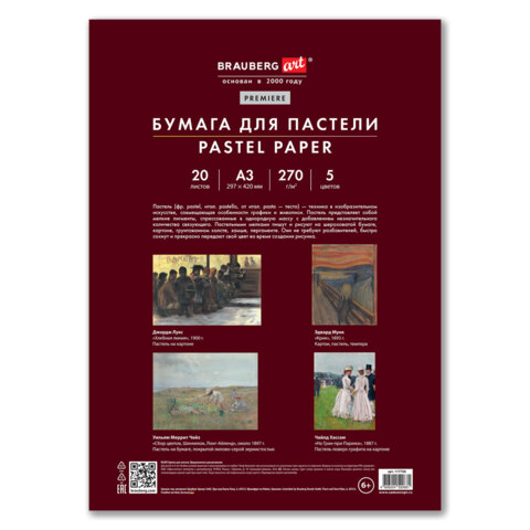 Бумага для пастели ФАКТУРНАЯ, А3, в папке, 20 листов, 5 цветов, 270 г/м2, BRAUBERG ART, 117756 - Image 3