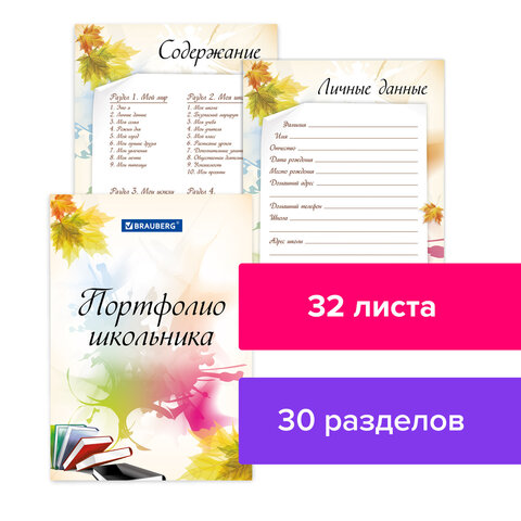 Листы-вкладыши для портфолио ШКОЛЬНИКА, 30 разделов, 32 листа, "Моё портфолио", BRAUBERG, 127550 - Image 18