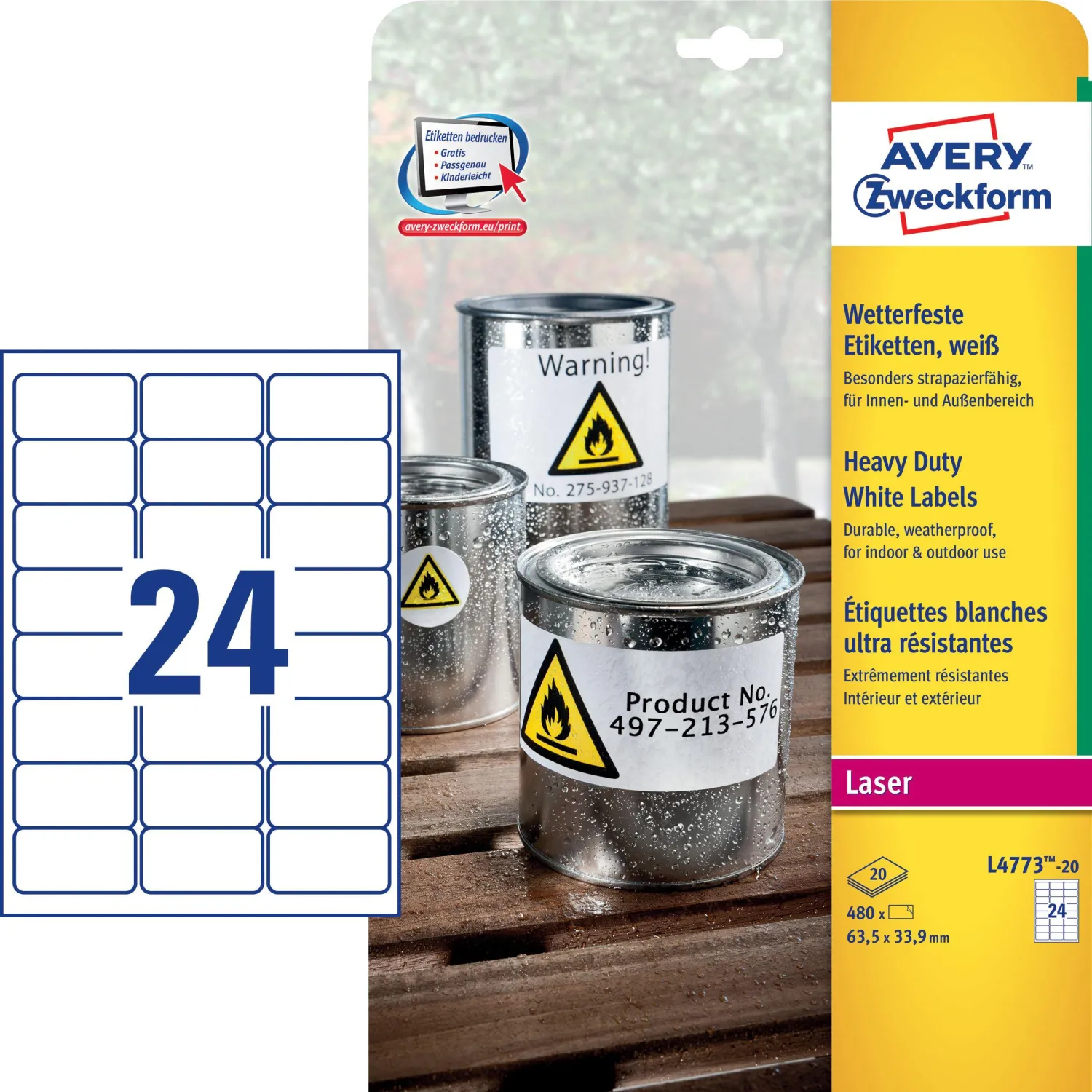 Этикетки всепогодные Avery Zweckform L4773-20 (63,5×33,9 мм), влагостойкие, 24 шт/лист - Image 2