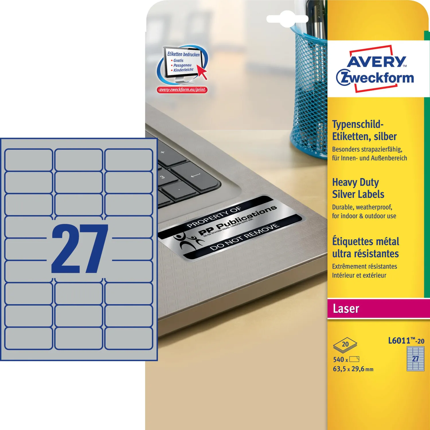 Этикетки серебристые Avery Zweckform L6011-20 (63,5×29,6 мм), 27 шт/лист, для температур от −40 до +150°C - Image 2