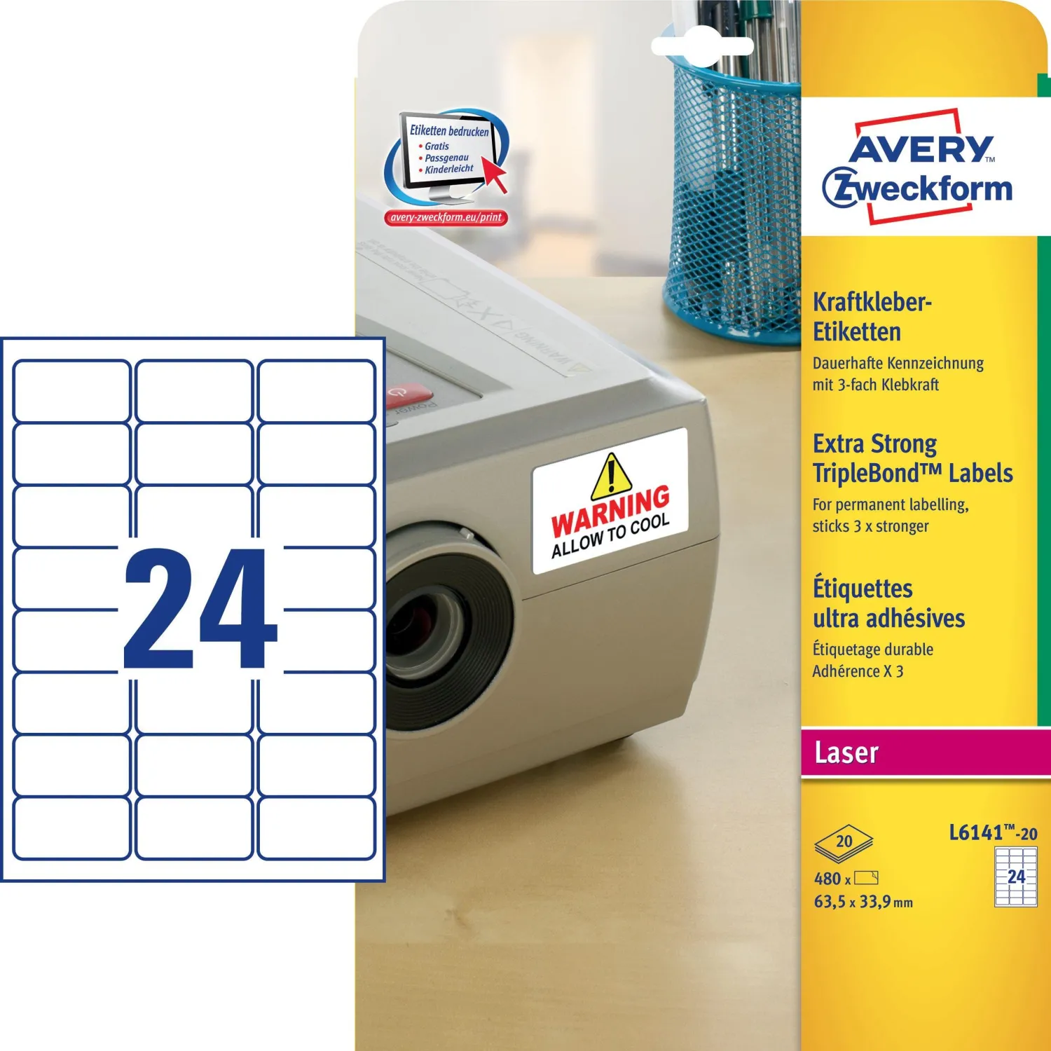 Этикетки для инвентаризации Avery Zweckform L6141-20 (усиленные 63,5×33,9 мм, 24 шт/лист) - Image 2