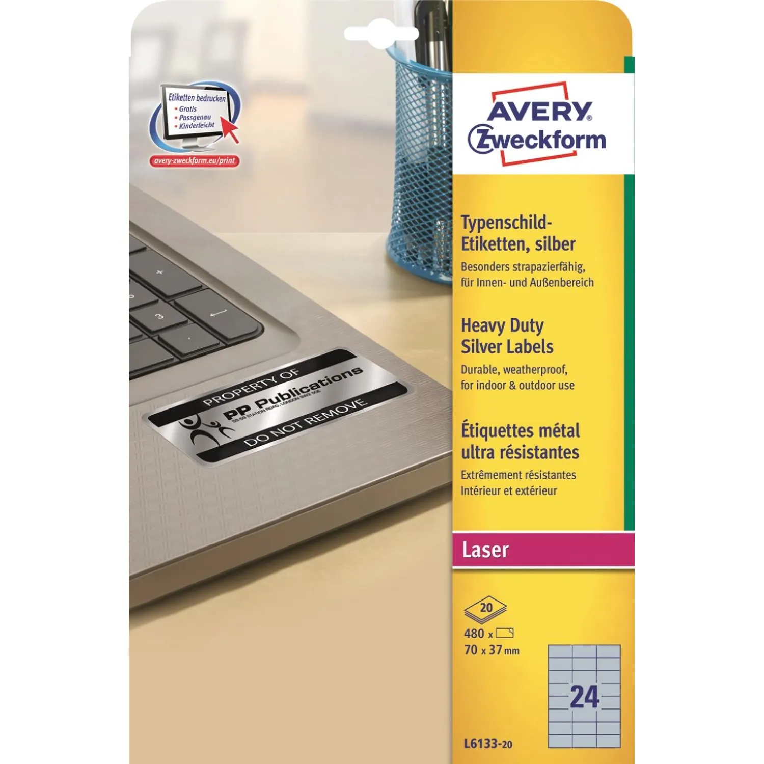 Этикетки серебристые Avery Zweckform L6133-20 (70×37 мм, 24 шт/лист, термостойкие −40°C до +150°C) - Image 3