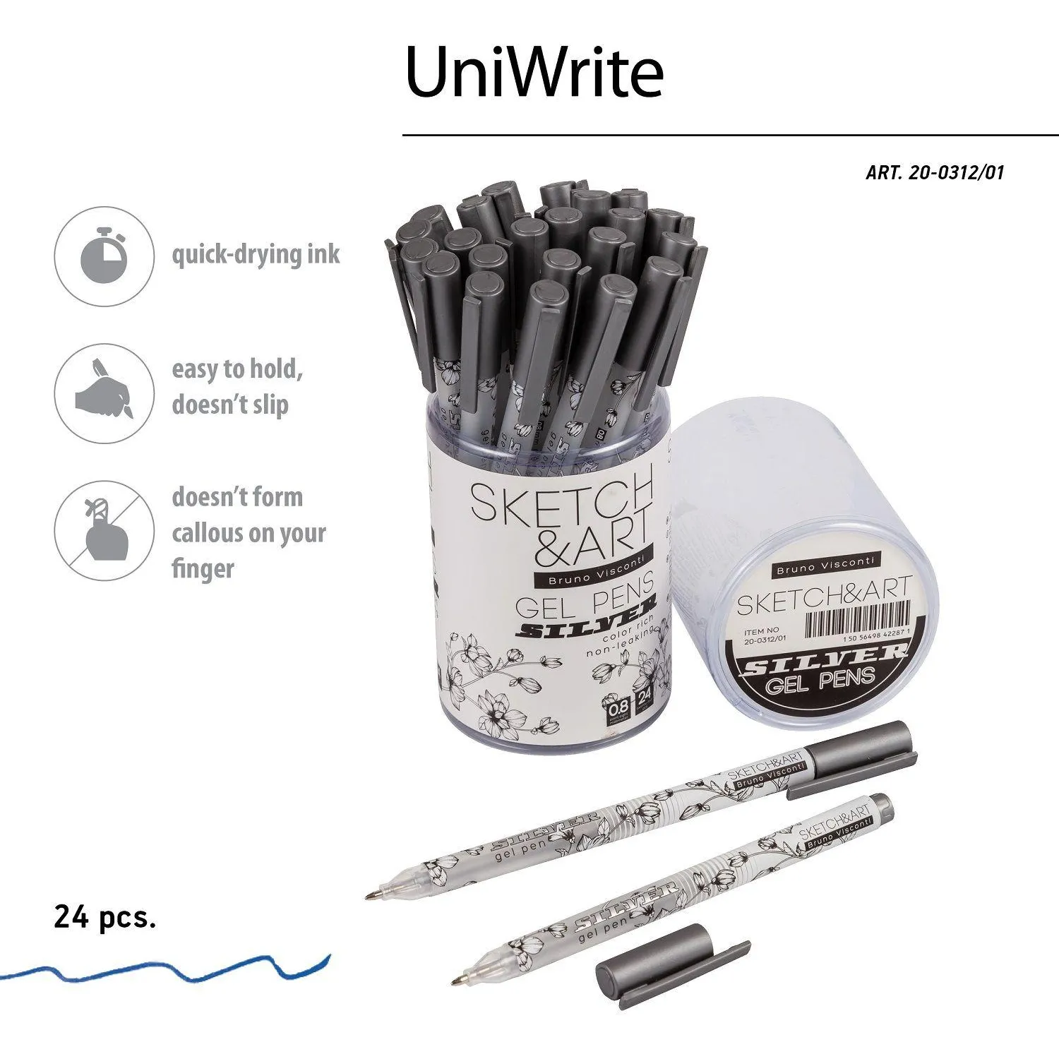 Гелевая ручка серебристая 0.8 мм Sketch&Art UniWrite.Silver soft-touch - Image 6