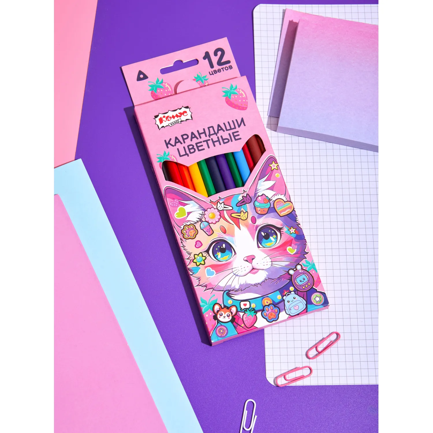 Карандаши цветные Комус Класс Kitty stickers 12 карандашей 12 цветов трёхгранные - Image 4