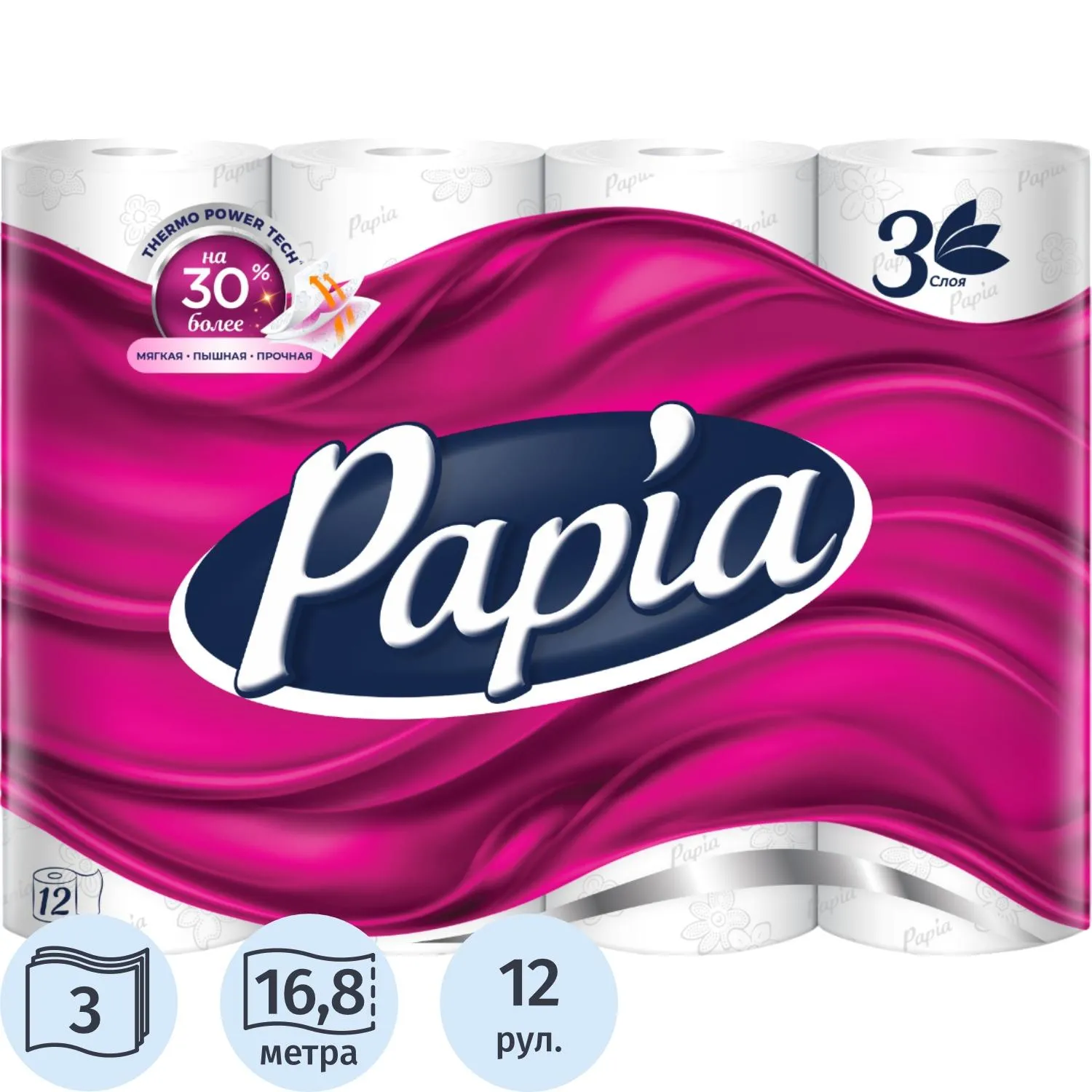 Бумага туалетная Papia 3-слойная белая (12 рулонов в упаковке)