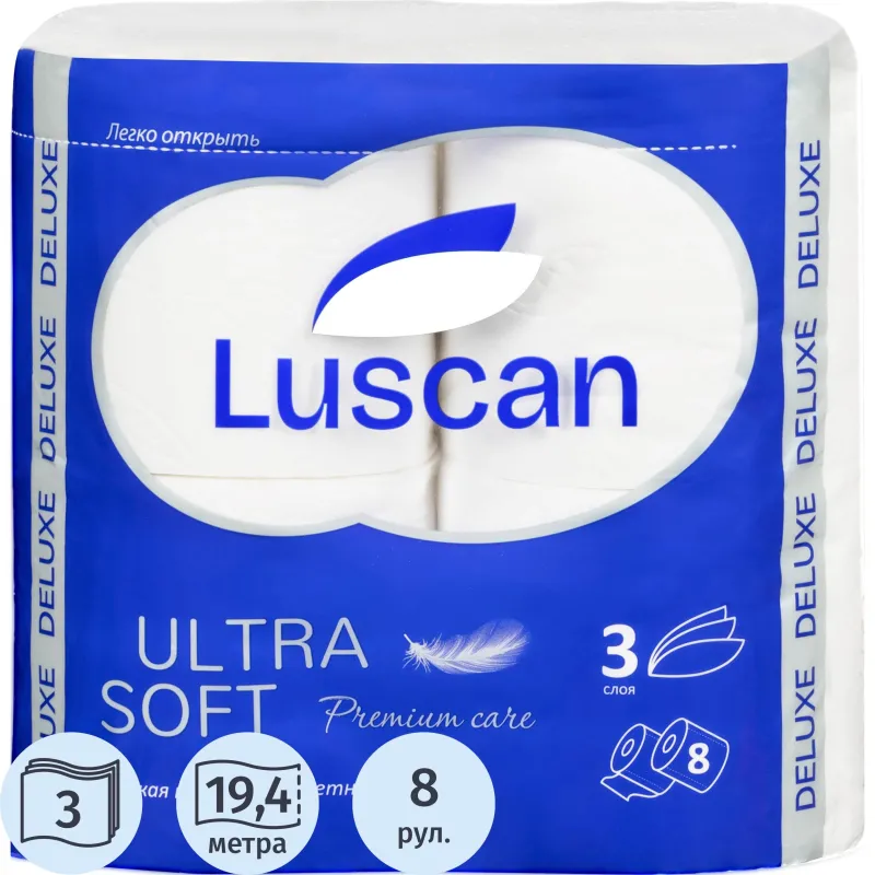 Бумага туалетная Luscan Deluxe 3-слойная белая (8 рулонов в упаковке) - Image 2
