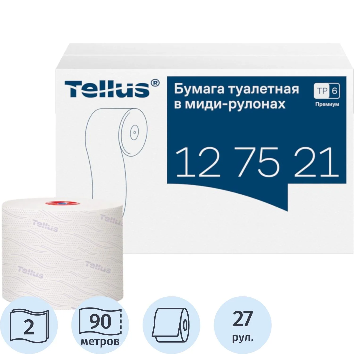 Бумага туалетная рулонная Tellus Premium T6 2-слойная белая 27 рулонов по 90 метров (127520)
