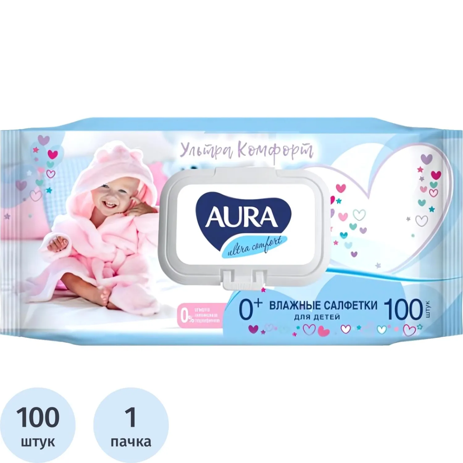 Салфетки влажные Aura Ultra Comfort детские флоупак с жёстким клапаном (100 листов в пачке)