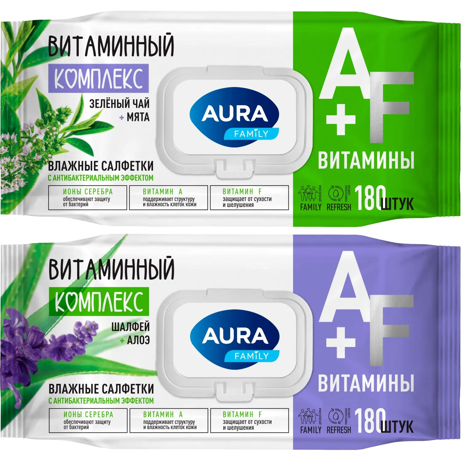 Салфетки влажные Aura Family антибактериальные флоупак с жёстким клапаном (180 листов в пачке) - Image 2