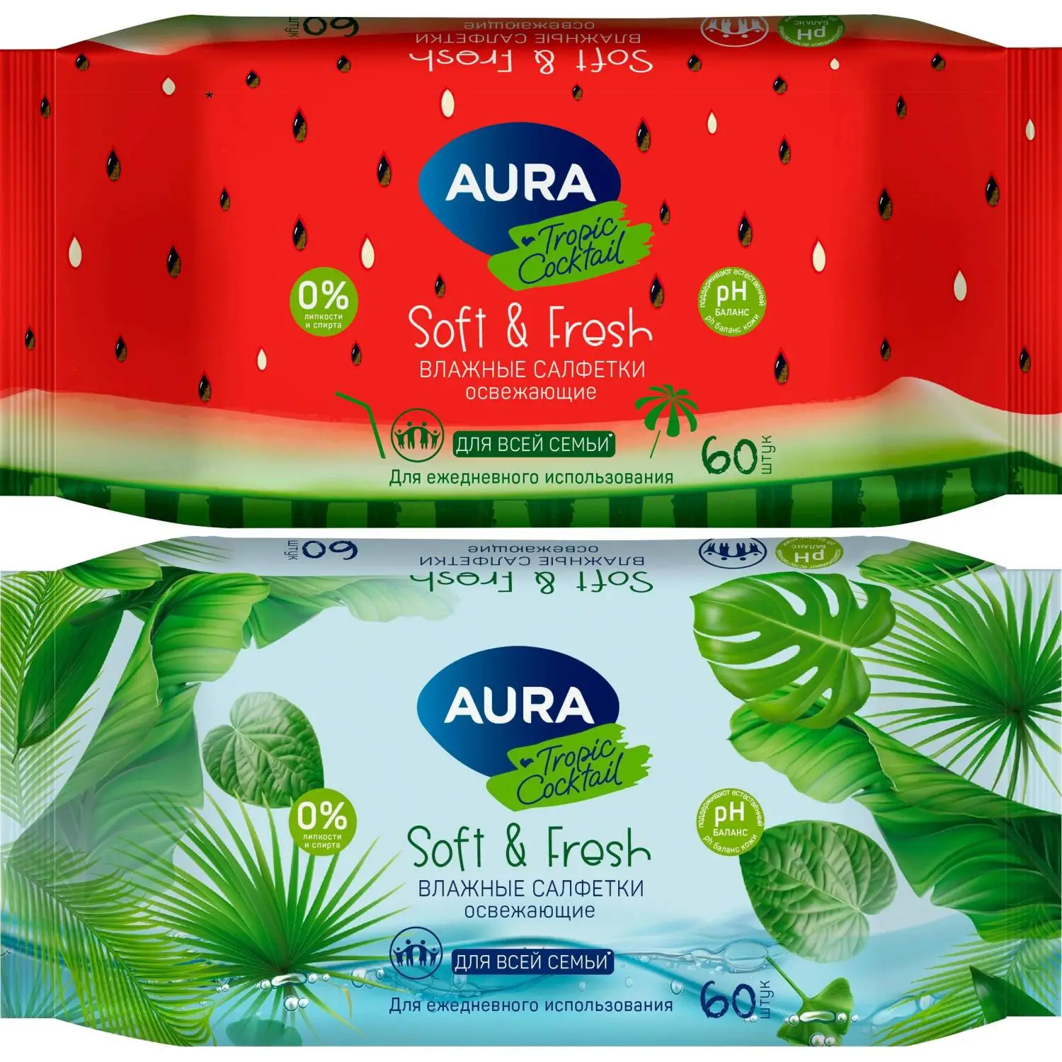 Салфетки влажные Aura Fresh Tropic Cocktail освежающие с мягким клапаном (60 листов в пачке) - Image 2