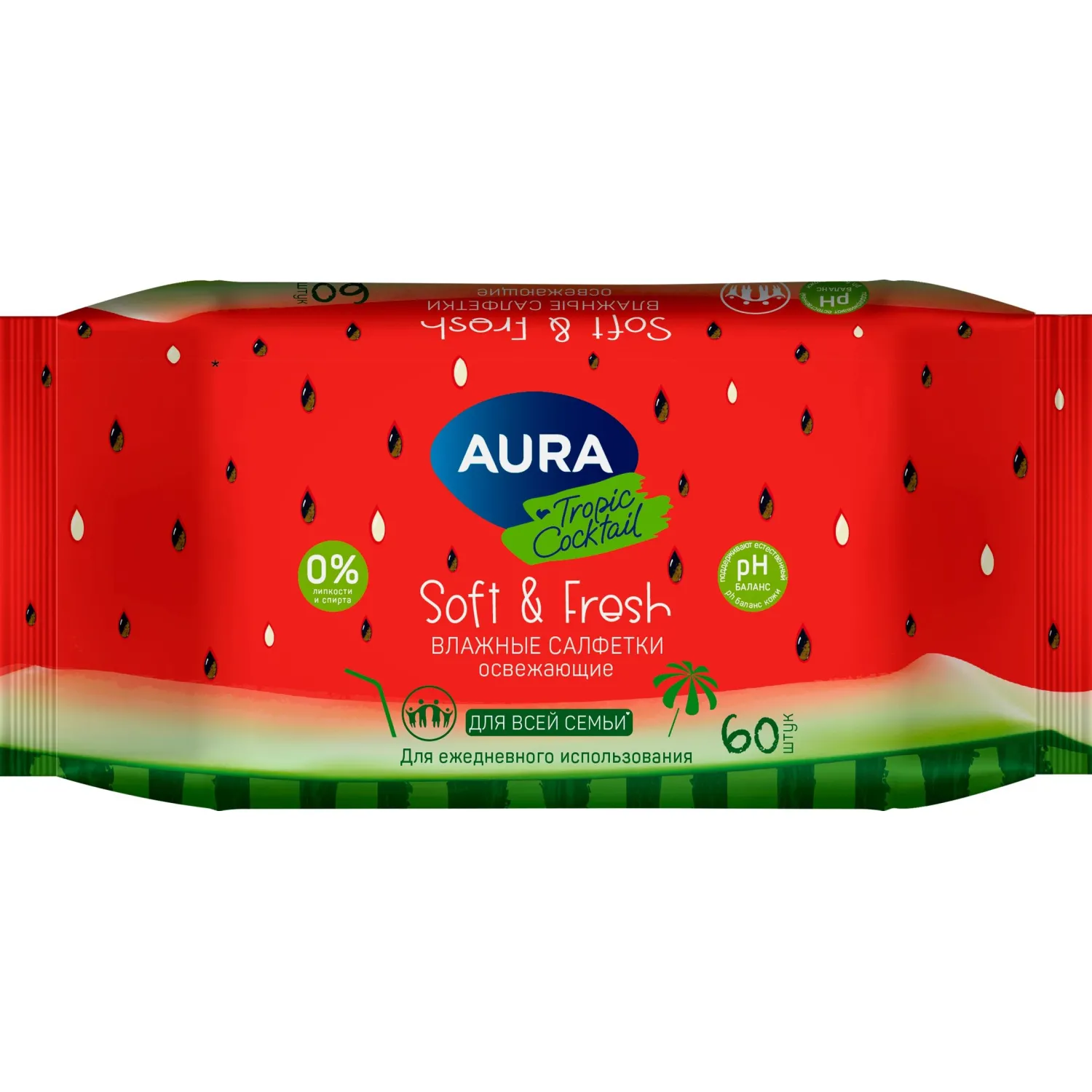 Салфетки влажные Aura Fresh Tropic Cocktail освежающие с мягким клапаном (60 листов в пачке) - Image 3