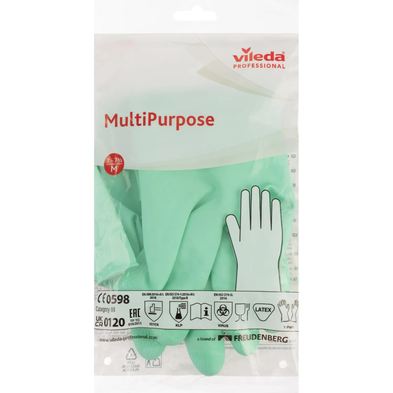 Перчатки латексные Vileda Professional MultiPurpose с хлопковым напылением зеленые (размер 7.5-8, М, 174363) - Image 5