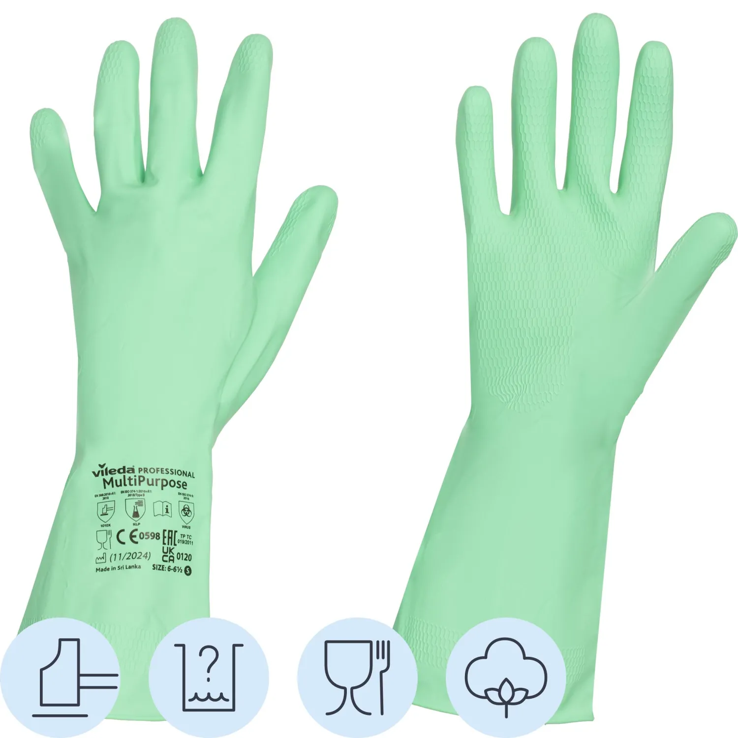 Перчатки латексные Vileda Professional MultiPurpose с хлопковым напылением зеленые (размер 8.5-9, L, 174365)