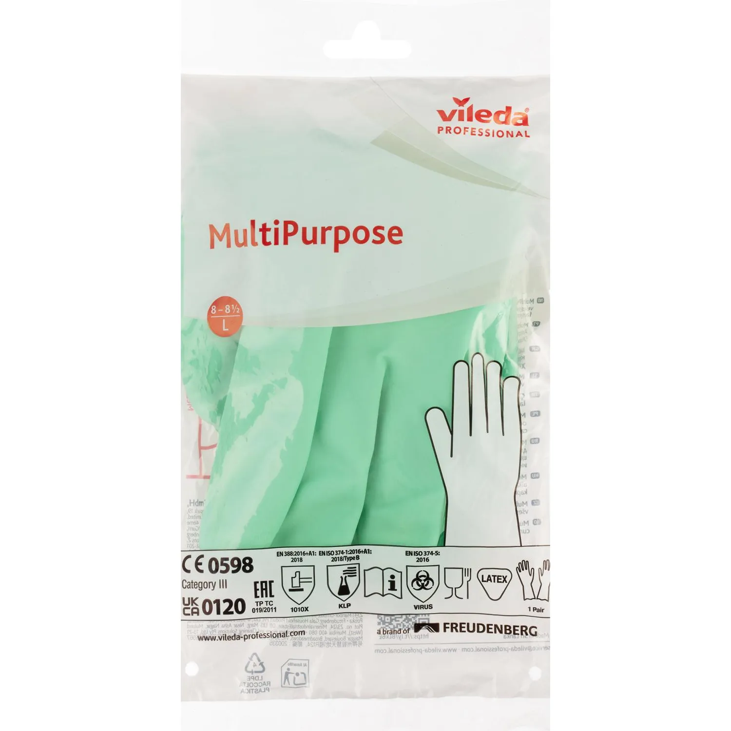 Перчатки латексные Vileda Professional MultiPurpose с хлопковым напылением зеленые (размер 8.5-9, L, 174365) - Image 5