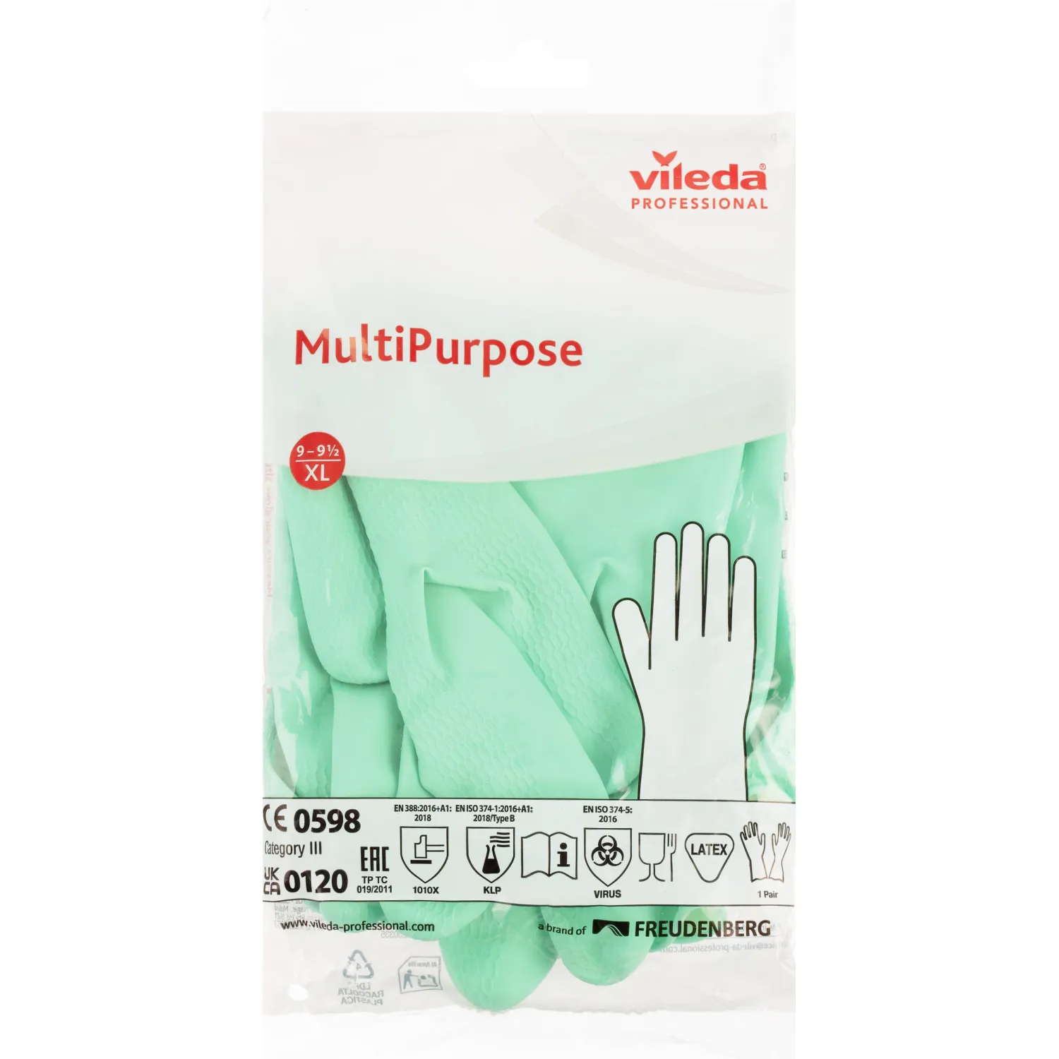 Перчатки латексные Vileda Professional MultiPurpose с хлопковым напылением зеленые (размер 9.5-10, ХL, 174367) - Image 5