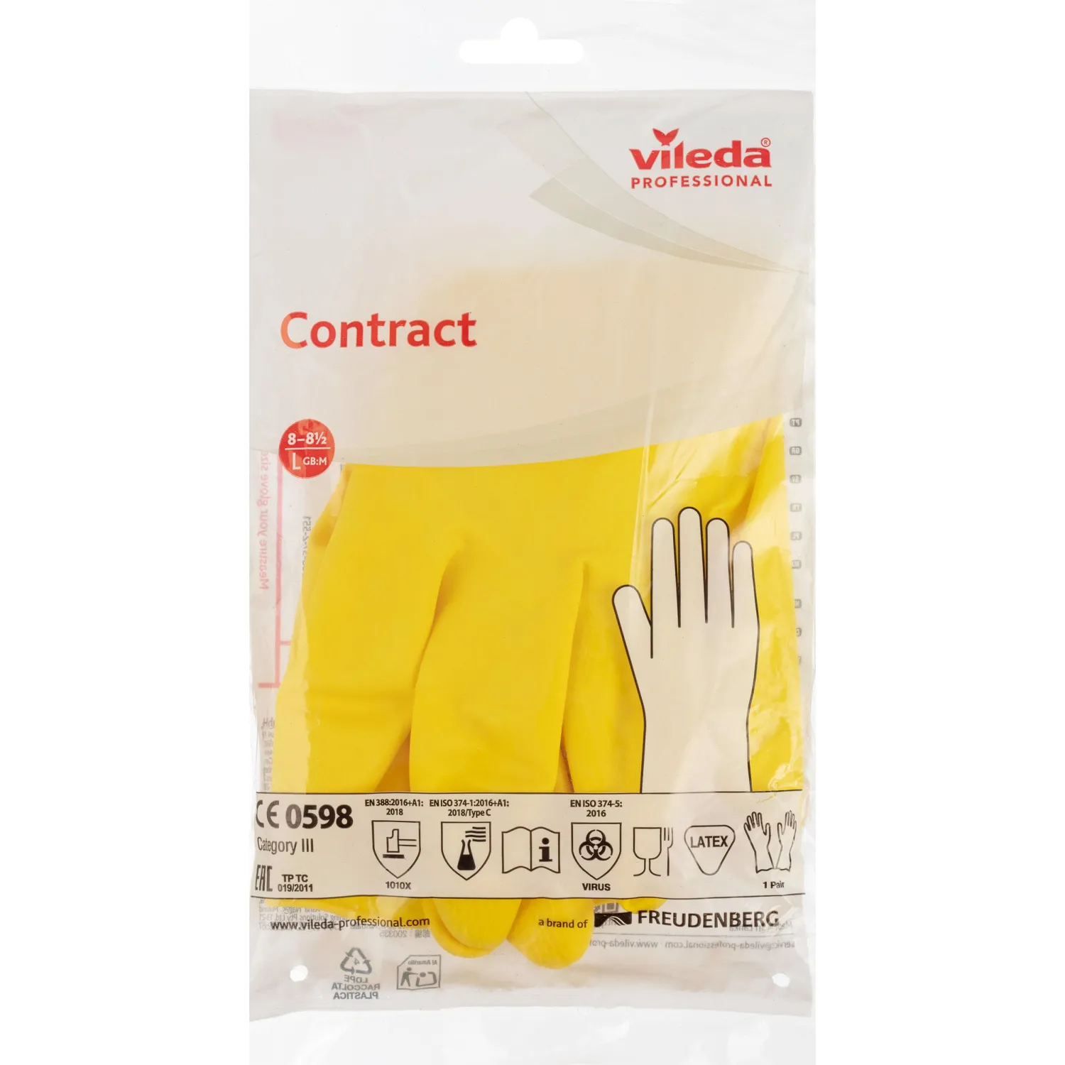 Перчатки латексные Vileda Professional Контракт с хлопковым напылением желтые (размер 8.5-9, L, 174325) - Image 5