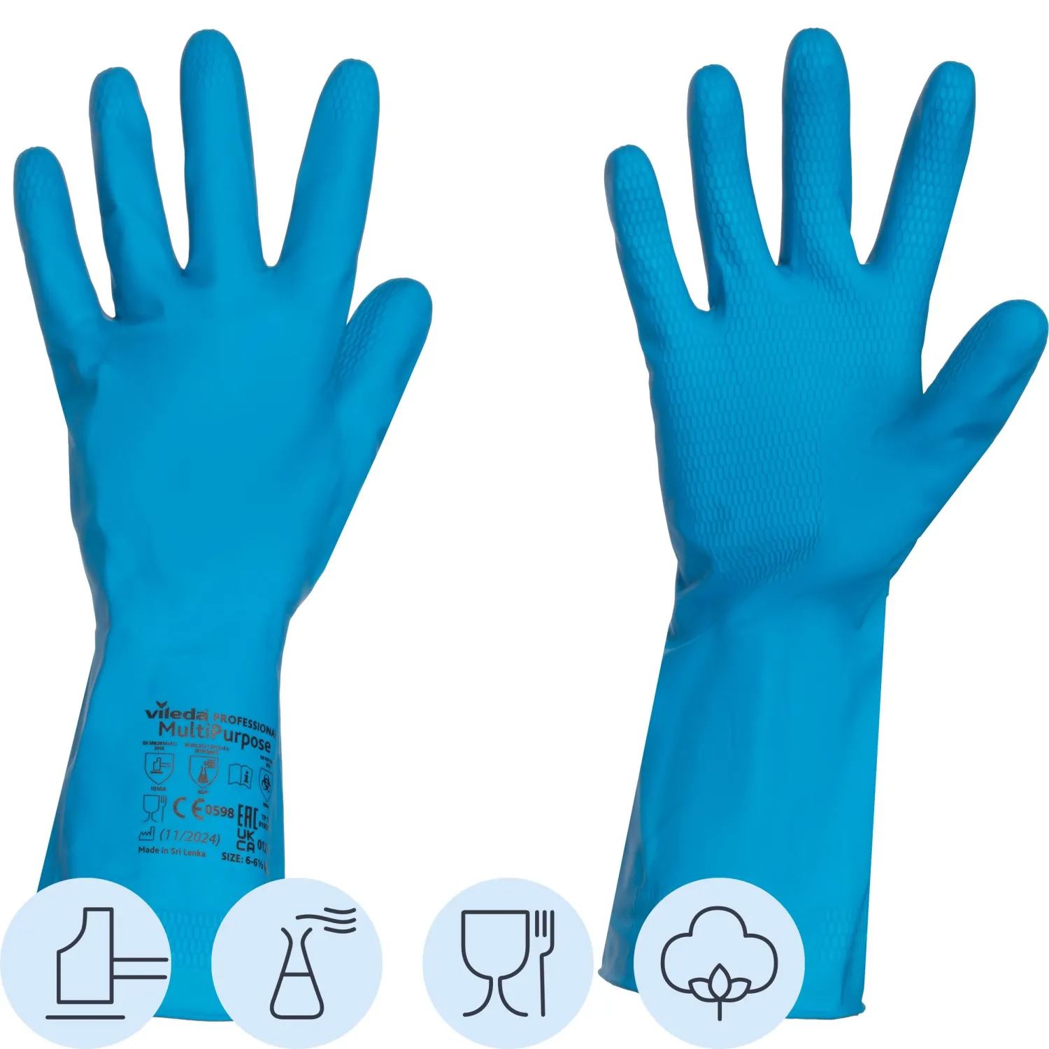 Перчатки латексные Vileda Professional MultiPurpose с хлопковым напылением синие (размер 7.5-8, M, 174353)