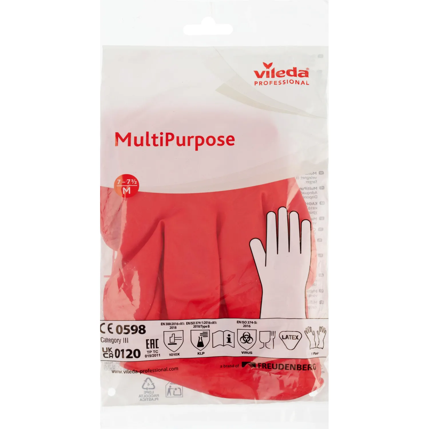 Перчатки латексные Vileda Professional MultiPurpose с хлопковым напылением красные (размер 7.5-8, M, 174343) - Image 5