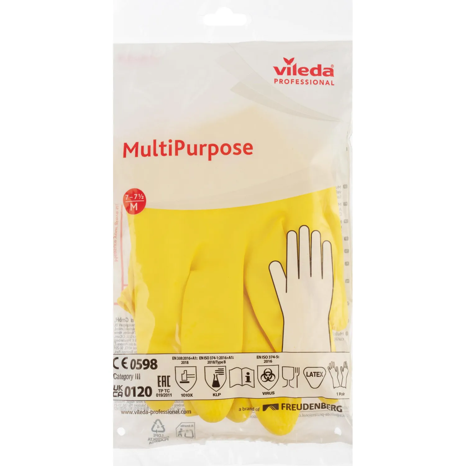 Перчатки латексные Vileda Professional MultiPurpose с хлопковым напылением желтые (размер 7.5-8, M, 174372) - Image 5