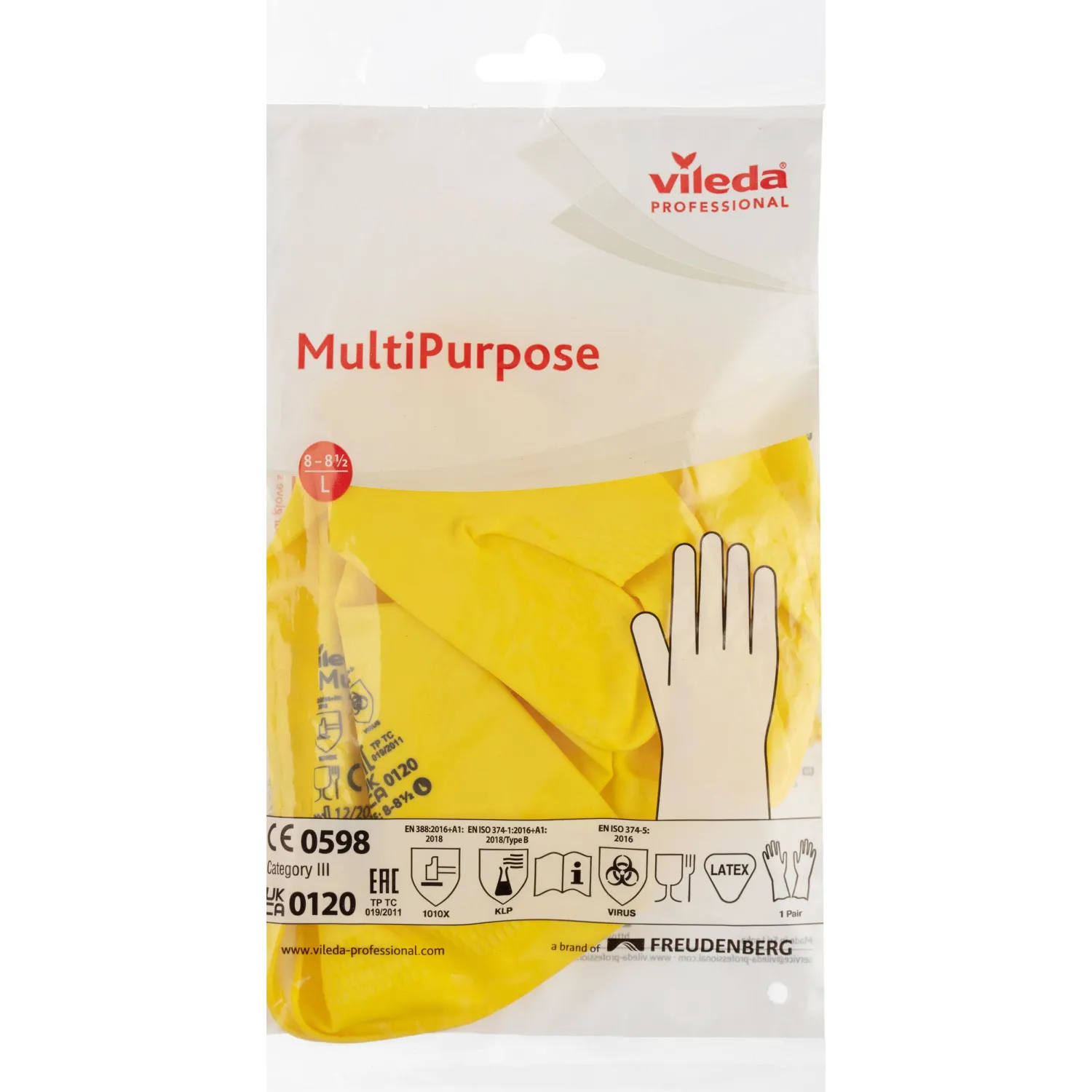 Перчатки латексные Vileda Professional MultiPurpose с хлопковым напылением желтые (размер 8.5-9, L, 174375) - Image 5
