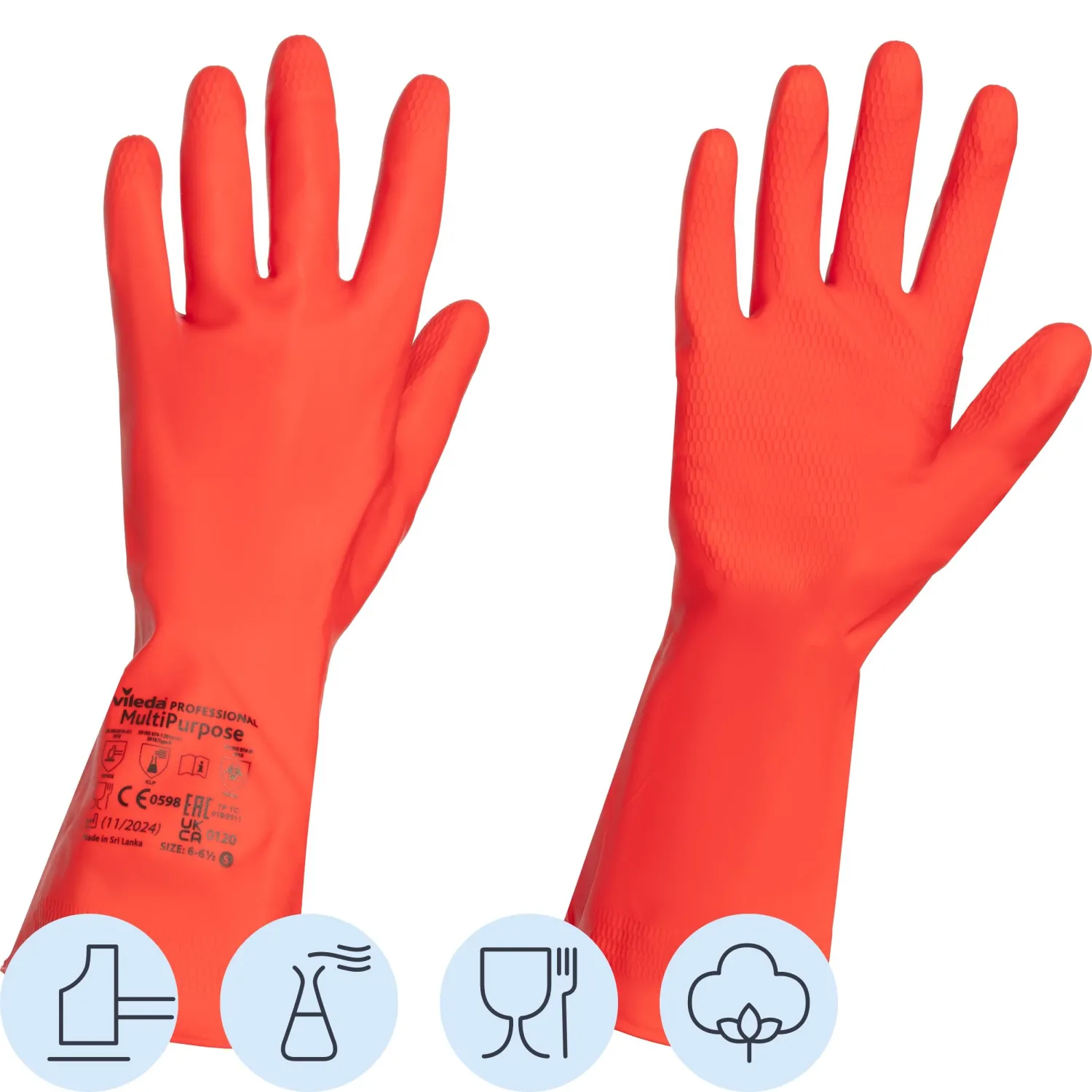 Перчатки латексные Vileda Professional MultiPurpose с хлопковым напылением красные (размер 8.5-9, L, 174345)