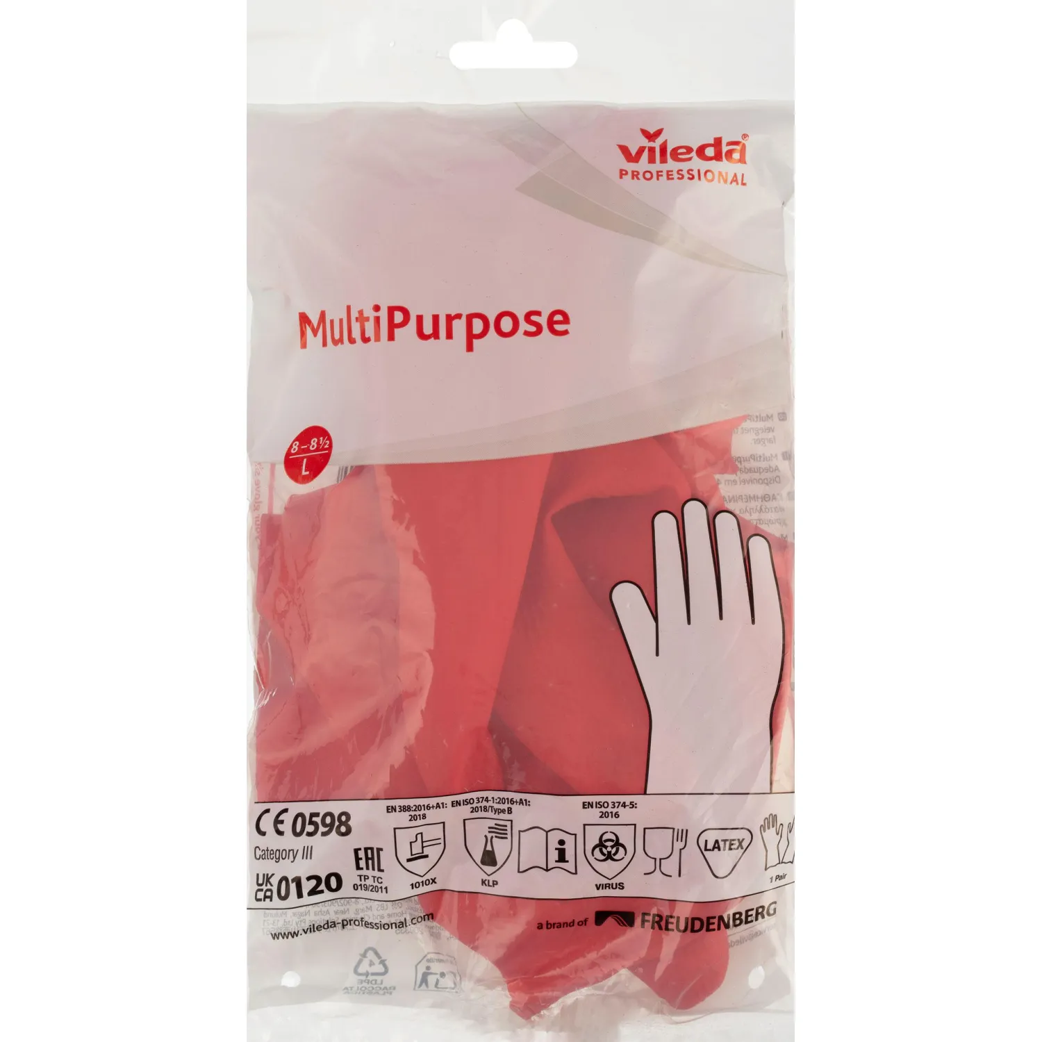 Перчатки латексные Vileda Professional MultiPurpose с хлопковым напылением красные (размер 8.5-9, L, 174345) - Image 5