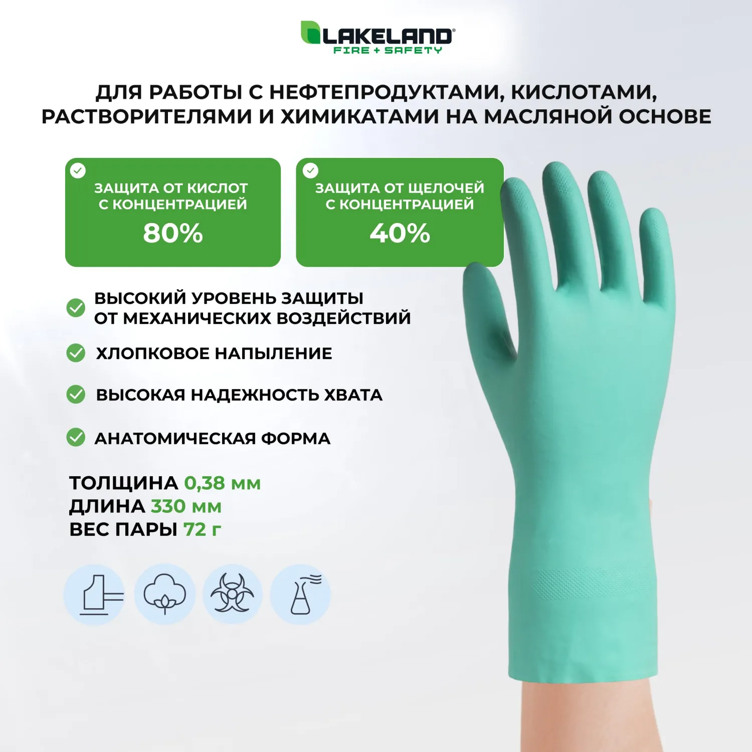 Перчатки КЩС нитриловые Lakeland Nitrosol EN15F с флокированным напылением зелёные (размер 9, L) - Image 2
