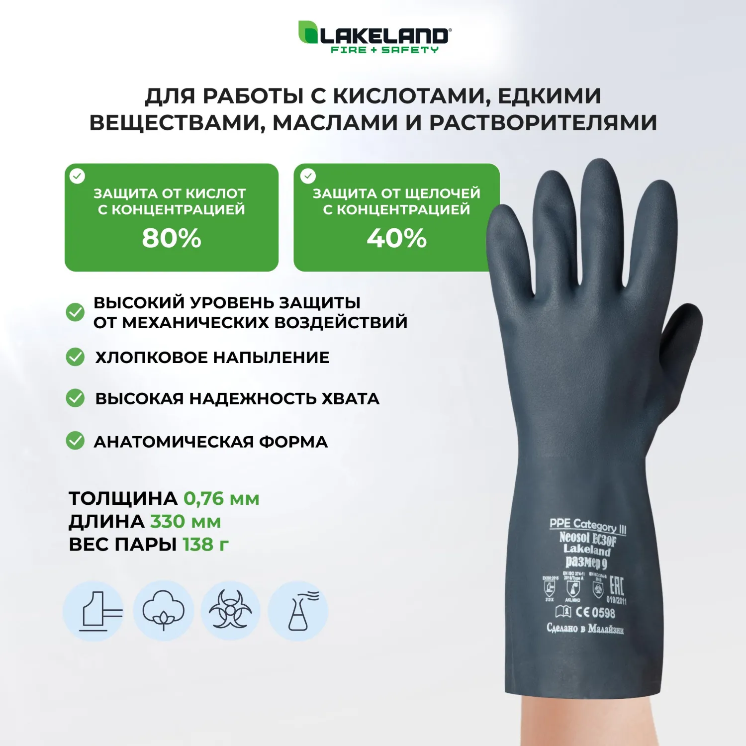 Перчатки КЩС неопреновые Lakeland Neosol EC30F с хлопковым напылением черные (размер 10, ХL) - Image 2