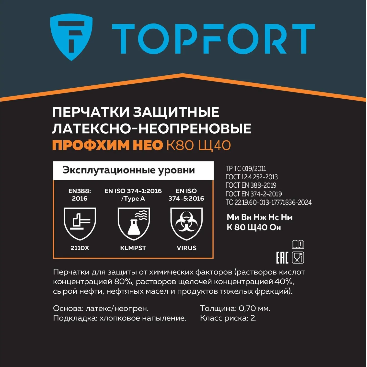 Перчатки КЩС латексные/неопреновые TOPFORT Профхим Нео с хлопковым напылением жёлтые/синие (размер 8, M) - Image 3