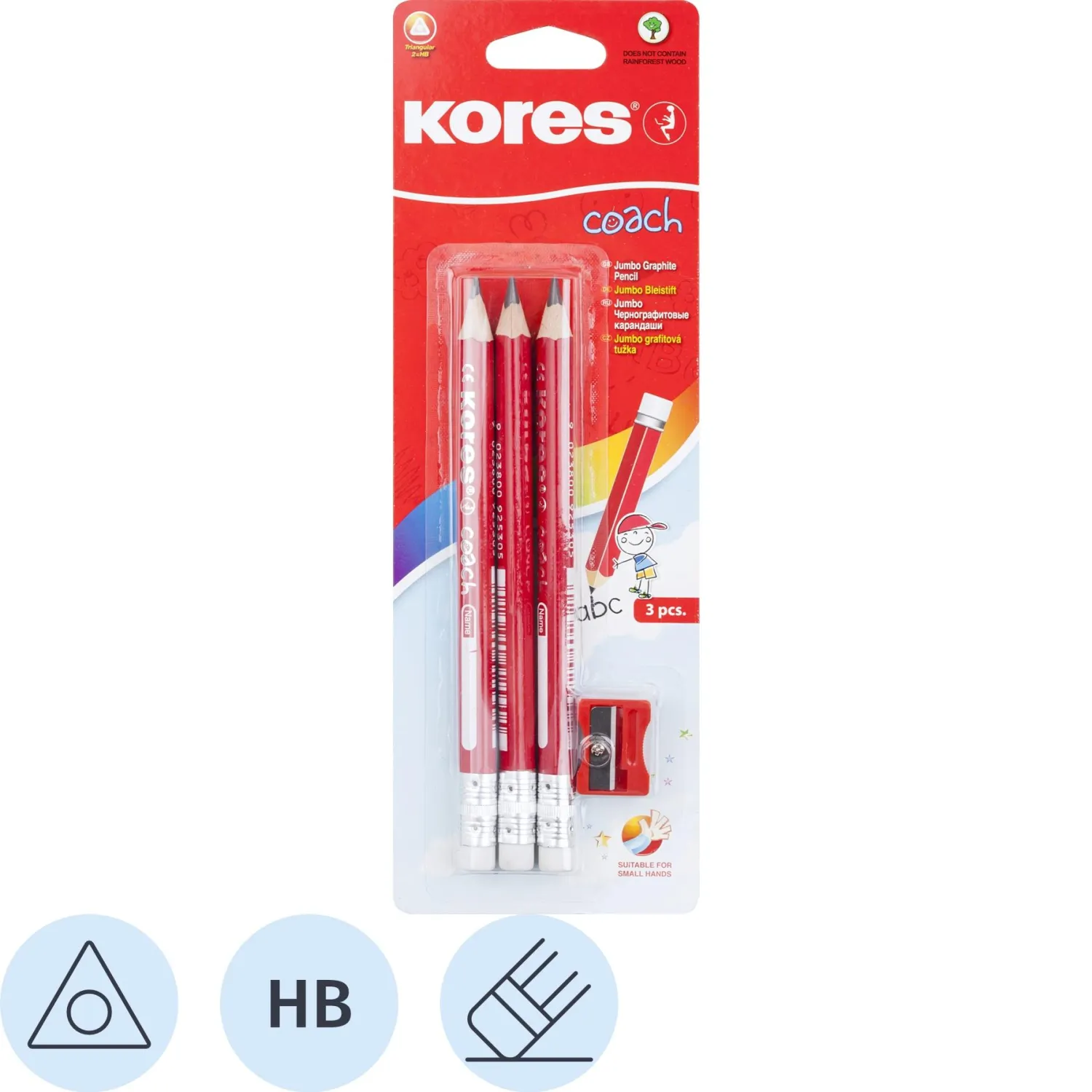 Набор чернографитных карандашей HB с ластиком Kores Jumbo заточённые утолщённые (3 штуки в упаковке + точилка)