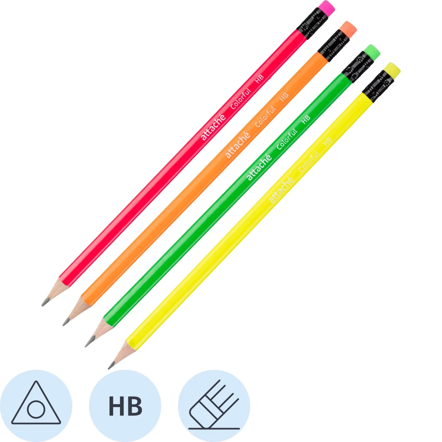 Карандаш чернографитный НВ с ластиком Attache Colorful заточённый трёхгранный