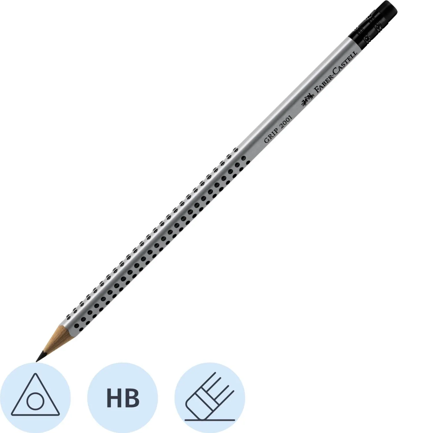 Карандаш чернографитный НВ с ластиком Faber-Castell Grip 2001 заточённый трёхгранный