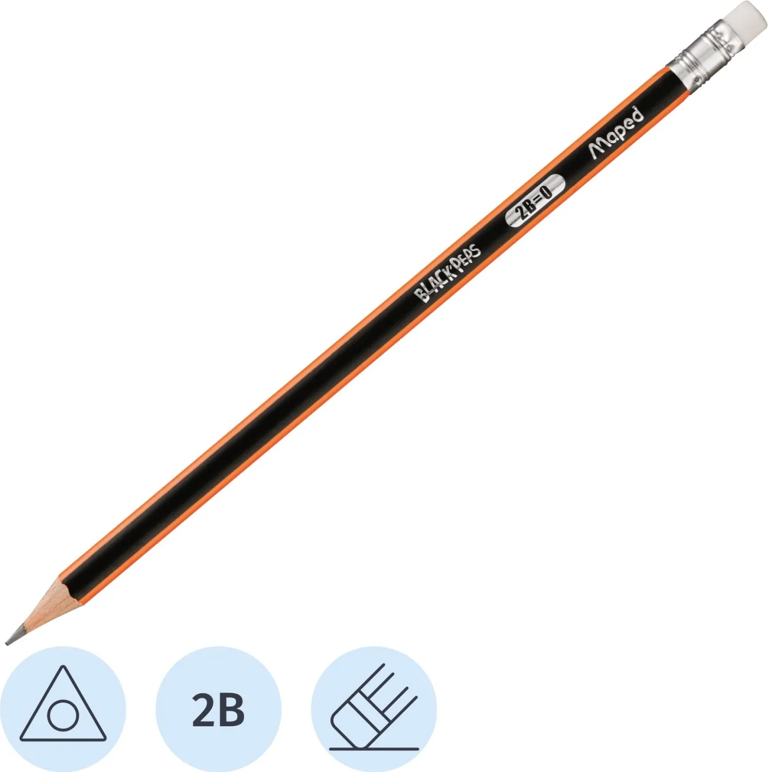 Карандаш чернографитный 2B с ластиком Maped Black Pep's заточённый трёхгранный (851722)